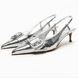 Silver Leather Slingback Kitten Heel Shoes